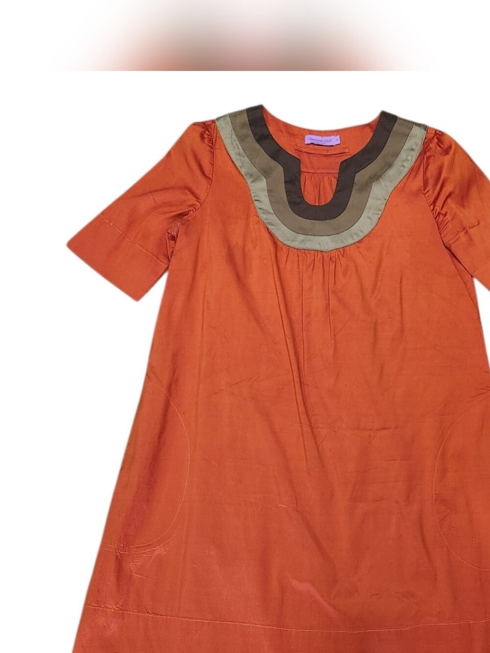 Calypso Christiane Celle Orange Brown Silk U-Neckline Kaftan Mini Dress, Sz S